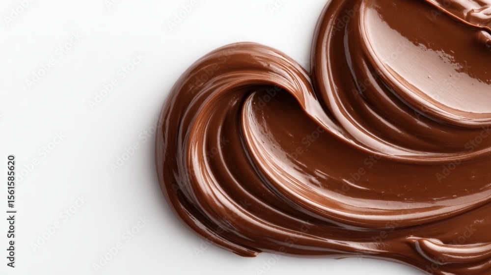 Close-up of smooth glossy chocolate spread swirled on a white surface with rich texture. Close-up of smooth glossy chocolate spread swirled on a white surface with rich texture.