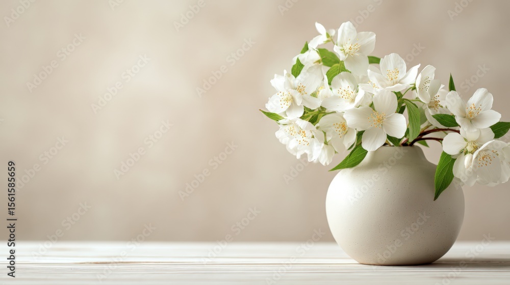 Fototapeta premium Elegant white jasmine flowers in a minimalist white ceramic vase on wooden surface.