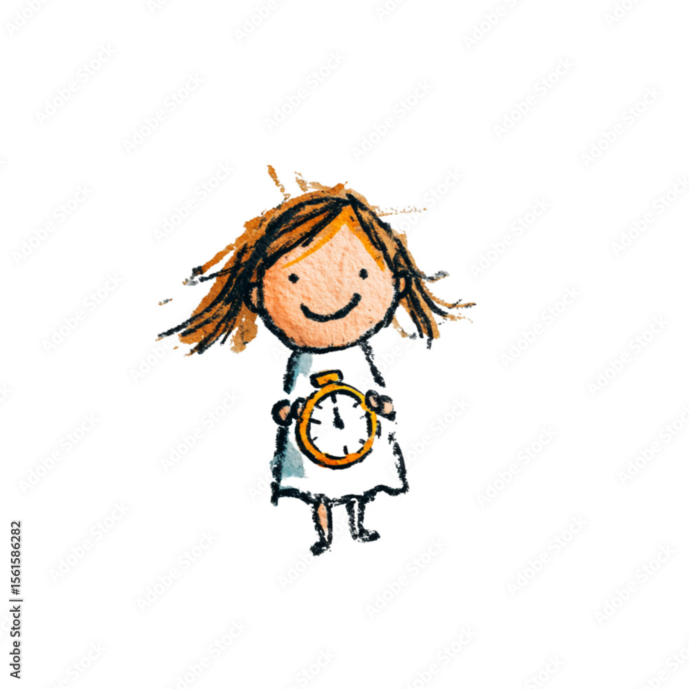Happy girl holding a clock with orange details in a playful style Happy girl holding a clock with orange details in a playful style