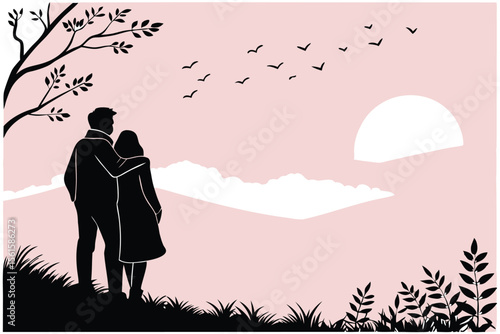 Couple silhouetted on hilltop watching a vibrant sunrise