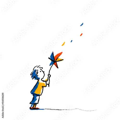 Child holding colorful pinwheel and enjoying a sunny day outdoors  
