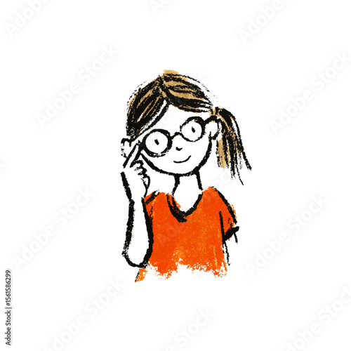  Girl adjusting glasses with finger. Young girl wearing glasses and smiling with a thoughtful expression  