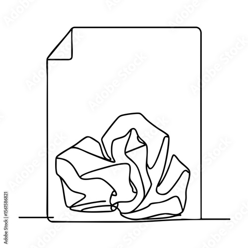 Crumpled sheet of paper and waste paper in minimalist line art  