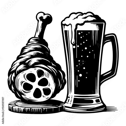 Pork knuckle and beer mug in vintage style illustration  