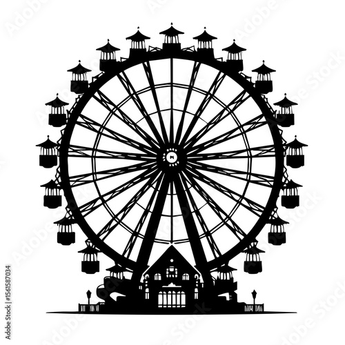 Silhouette of Ferris wheel with cabins at amusement park entrance  