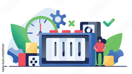 Illustration of a woman standing near a container with clock, gear, and chart elements around it