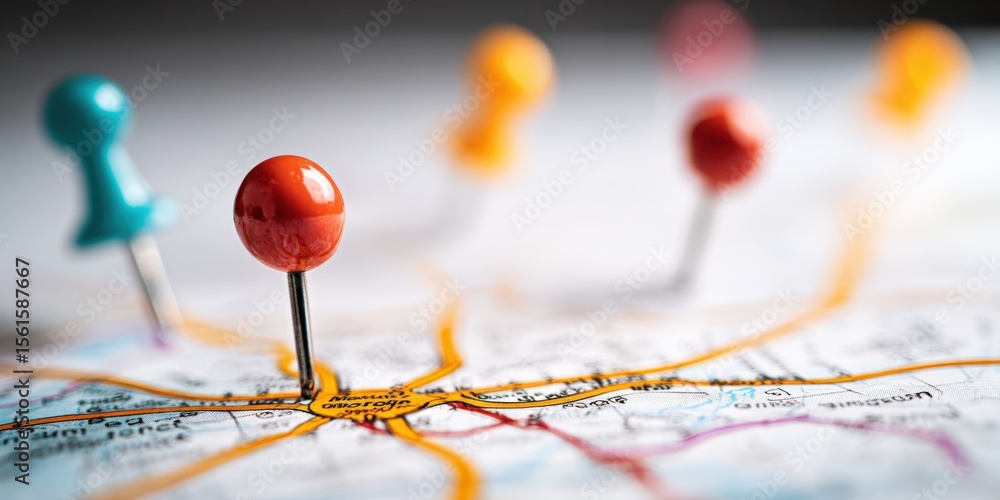 Close-up of colorful push pins on a detailed map with highlighted roads and landmarks. Close-up of colorful push pins on a detailed map with highlighted roads and landmarks.