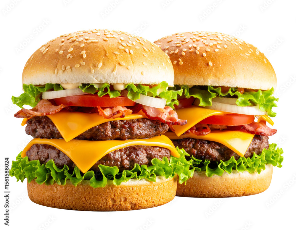 Side View of Juicy Double Cheese Bacon Burger with Fresh Toppings PNG Side View of Juicy Double Cheese Bacon Burger with Fresh Toppings PNG