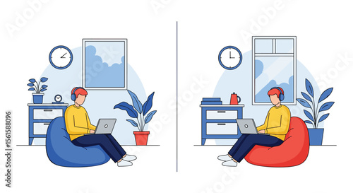 Two people working remotely on laptops sitting on comfortable beanbag chairs in cozy home office environments enjoying their flexible work arrangements