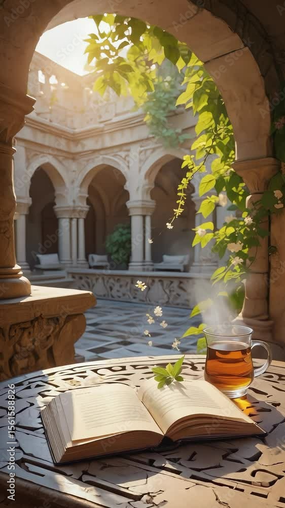 An enchanting courtyard offers a serene setting to enjoy a book of Arabic poetry beside a steaming glass of mint tea. Jasmine scents fill the air as sunlight filters softly through arches