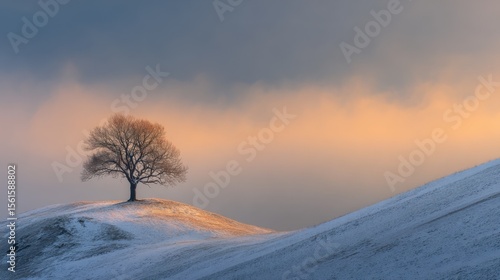 Peaceful winter landscape with solitary tree on snow-covered hill under dramatic sky.