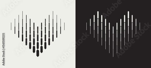 Contrast abstract pattern in heart shape. Dynamic vertical lines and geometric shapes. Blend effect creating optical illusions and visual movement. Vector illustration