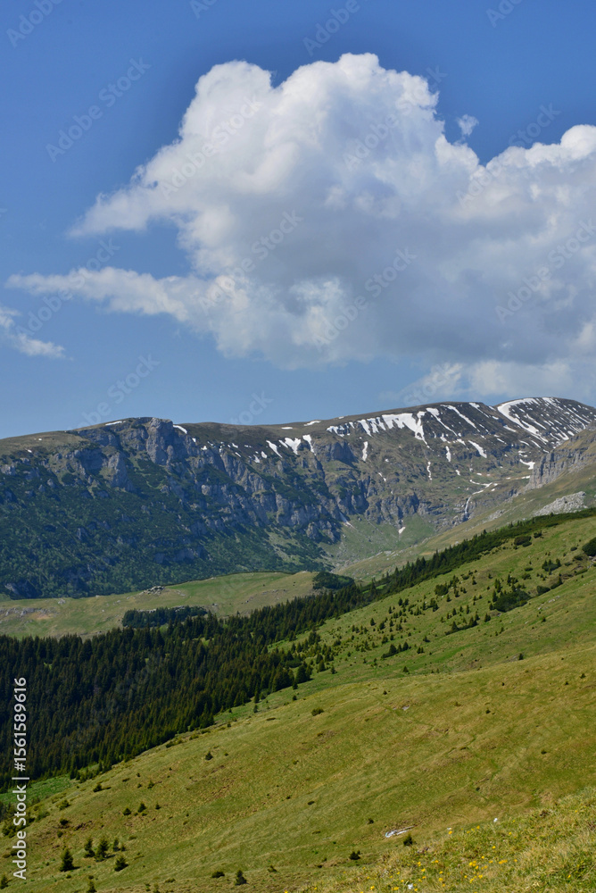 Fototapeta premium Cumulus clouds over the Bucegi massif in early summer morning