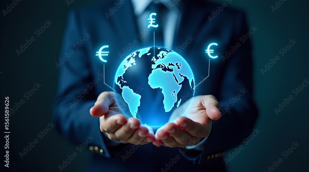 Global Finance in Hand: Businessman Holding Digital World with Euro and Pound Symbols, International Economy Concept, Investment Opportunity, Business Growth Vector Illustration Global Finance in Hand: Businessman Holding Digital World with Euro and Pound Symbols, International Economy Concept, Investment Opportunity, Business Growth Vector Illustration
