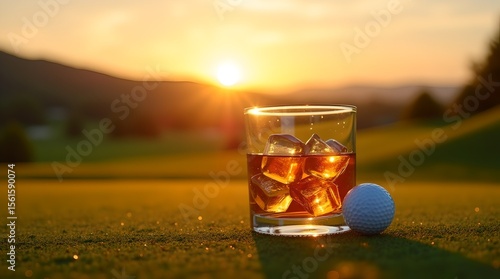 Golf Course Sunset: Whiskey on the Green with Golf Ball, Golden Hour Relaxation, Sport and Leisure Illustration