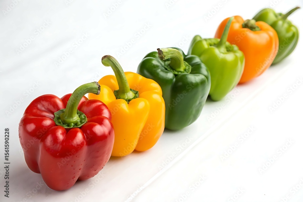 Colorful Bell Peppers Arranged in a Row Against White Background
Colorful Bell Peppers Arranged in a Row Against White Background