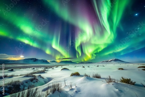 Wallpaper Mural Majestic Aurora Borealis over Snowy Icelandic Landscape: Night Sky, Vibrant Green and Purple Hues, Serene Winter Scene. Torontodigital.ca
