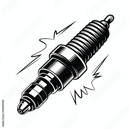 Black and white spark plug illustration with electrical discharge lines
