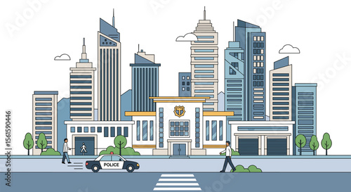 Modern City Skyline with Government Building and Police Car on Street