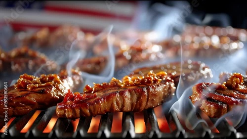 BBQ grill smoking with American flag flapping in the background.