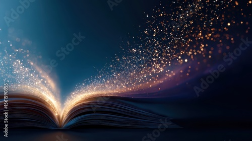 A glowing book opening with magical light streaming upward, sparkles and gradient background