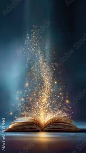 A glowing book opening with magical light streaming upward, sparkles and gradient background