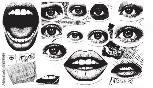 Collage of black and white close up images of open mouths and eyes with textured backgrounds and comic book elements