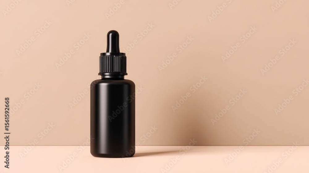 Black dropper bottle with a dropper cap on a beige background for skincare or medicine use. Black dropper bottle with a dropper cap on a beige background for skincare or medicine use.