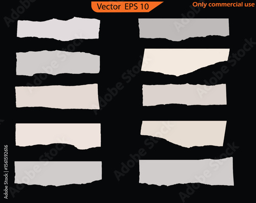 Set of black and white labels. Vector illustration of a set of paper. Torn paper with space. Torn paper background. Torn note paper page. Ripped note notebook grainy paper strips stuck. EPS 10	