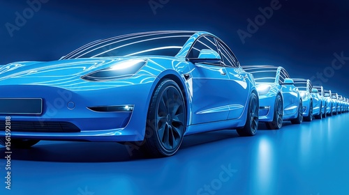 Futuristic electric cars lined up in a row with glowing blue light effect on a sleek road at night.