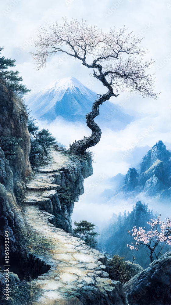 Serene mountain path with blooming cherry tree and snow capped peak japanese landscape Serene mountain path with blooming cherry tree and snow capped peak japanese landscape