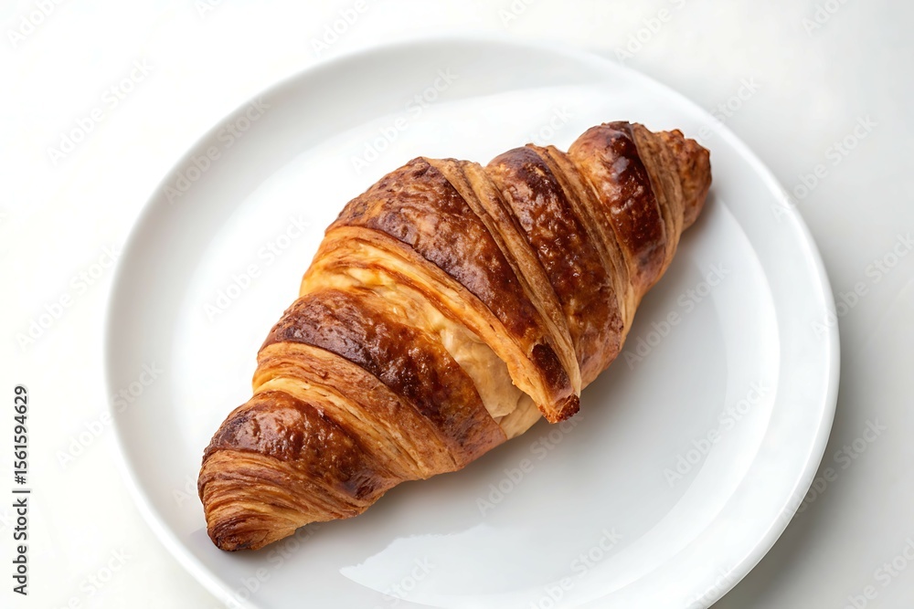 Golden Flaky Croissant On A White Plate For Breakfast
Golden Flaky Croissant On A White Plate For Breakfast