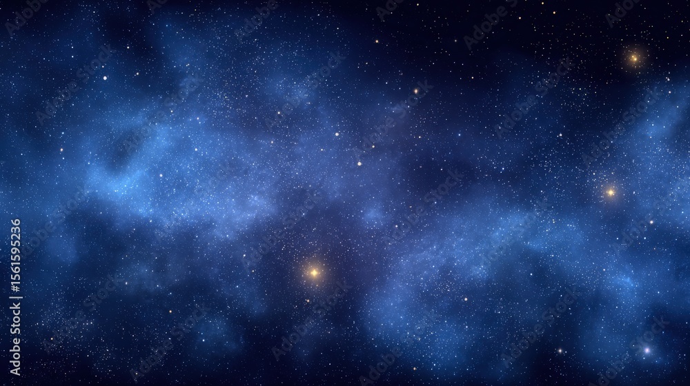 Fototapeta premium Stunning view of a star filled deep blue night sky with bright stars and cosmic cloud formations.