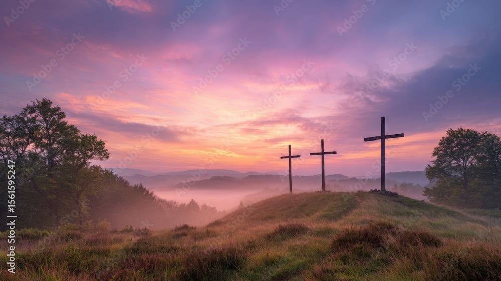 Obraz premium Beautiful sunrise over rolling hills with three crosses and misty landscape scene.