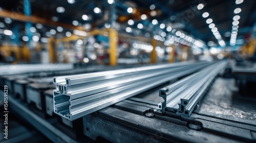 Long aluminum extrusion profile in factory setting with industrial lighting and equipment.