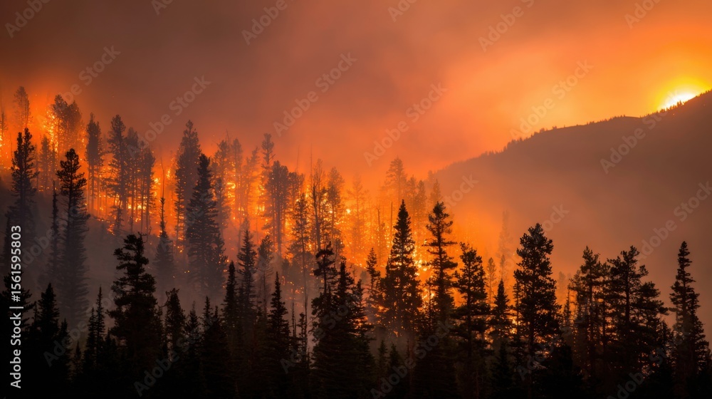 Obraz premium Majestic mountain landscape with dense forest and fiery orange sunset sky.