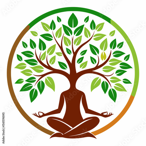 green spring tree with female face and roots on white background, vector, Abstract Human tree logo. Unique Tree Vector illustration with circle and abstract woman shape.
