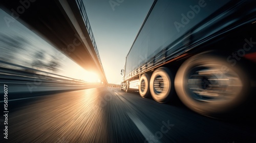 High-speed moving truck on highway at sunrise with motion blur and dynamic perspective.
