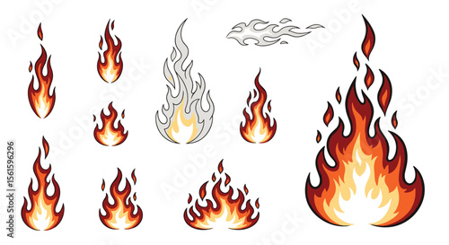 Collection of Stylized Flames and Fire Elements in Various Shapes and Sizes Perfect for Graphic Design Projects