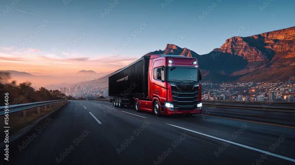 Obraz premium Modern red semi truck driving on highway during sunset with mountains and city in background.