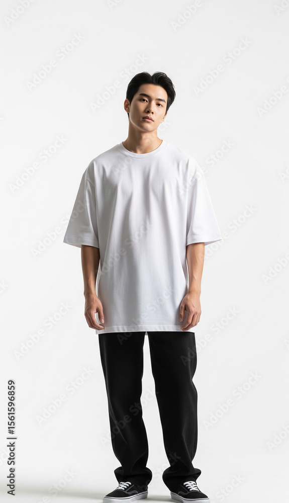 Fototapeta premium A model wearing an oversized white t-shirt, Mockup Oversized T-Shirt