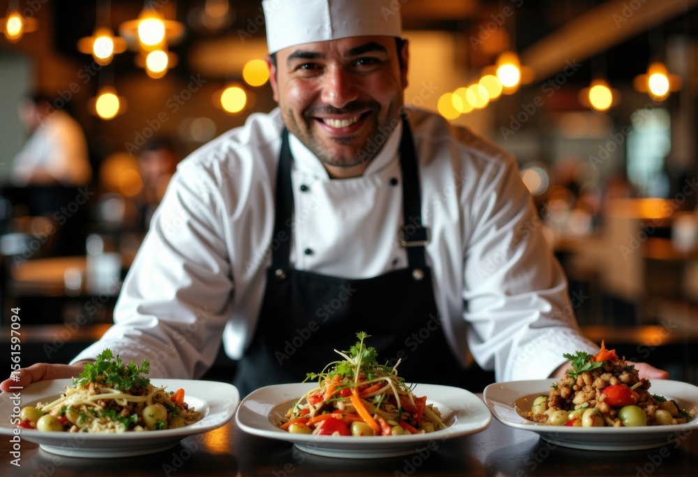 Chef presenting three gourmet dishes in a modern restaurant setting with warm ambient lighting Chef presenting three gourmet dishes in a modern restaurant setting with warm ambient lighting