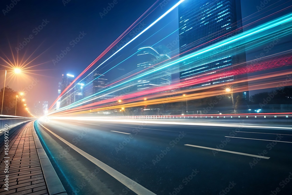 Obraz premium City Street at Night with Light Trailing Car Headlights