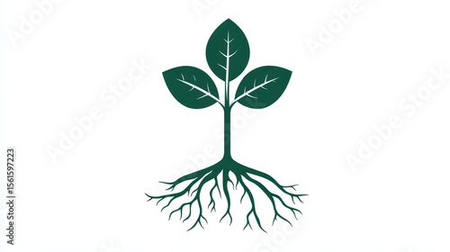 minimalist line art icon of a plant with three leaves above ground and branching roots below ground, split 
