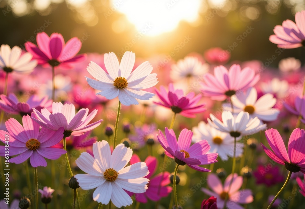 Naklejka premium Vibrant field of pink and white cosmos flowers illuminated by sunset
