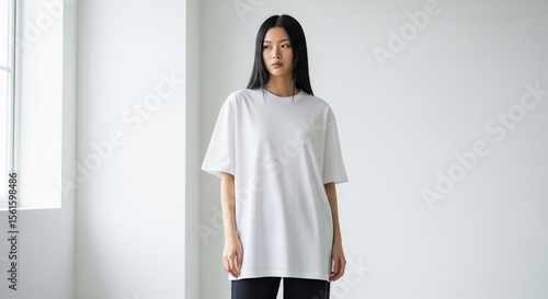 A model wearing an oversized white t-shirt, Mockup Oversized T-Shirt