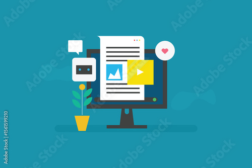 Generative AI generating text, image and video content with command prompt. AI content for social media, Website and blog.