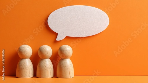 Wooden peg dolls standing with a white speech bubble on an orange background representing communication