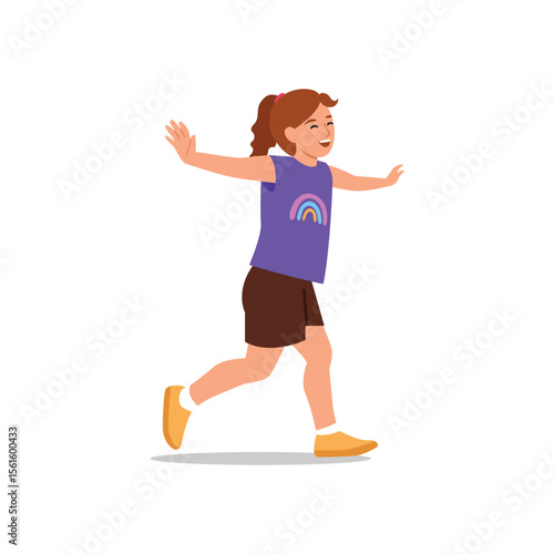 Vector illustration of a cheerful girl. Cartoon scene of a joyful girl with outstretched arms running, wearing a violet t-shirt with a colorful rainbow, brown shorts isolated on a white background.