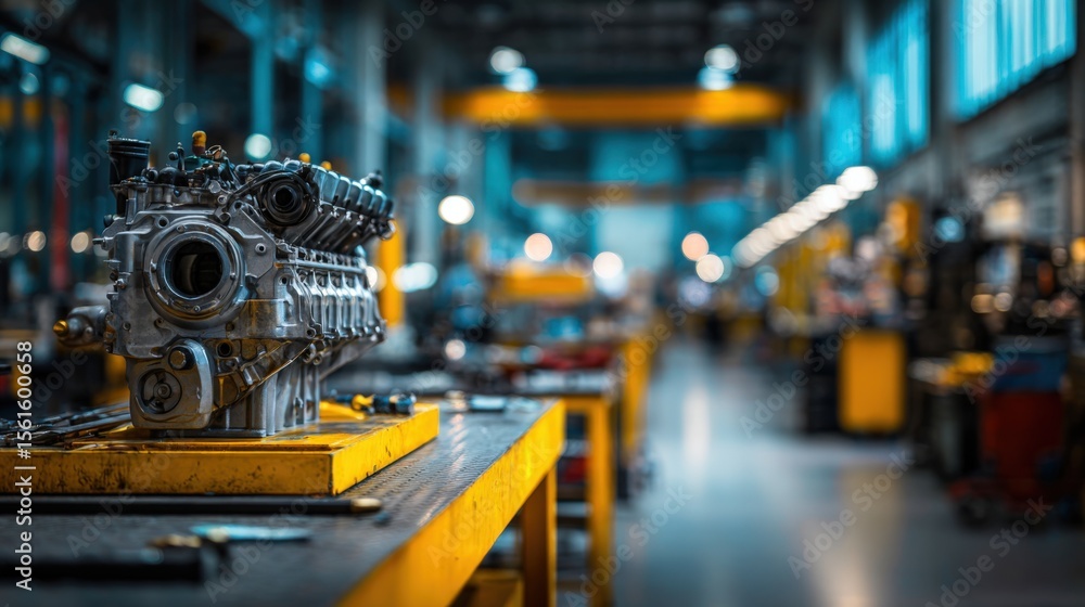 Obraz premium Industrial engine assembly line detailed machinery manufacturing factory interior.